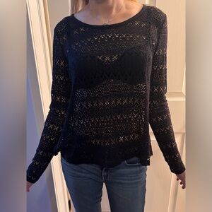 Aeropostale medium black crochet scoop neck‎ long sleeve top